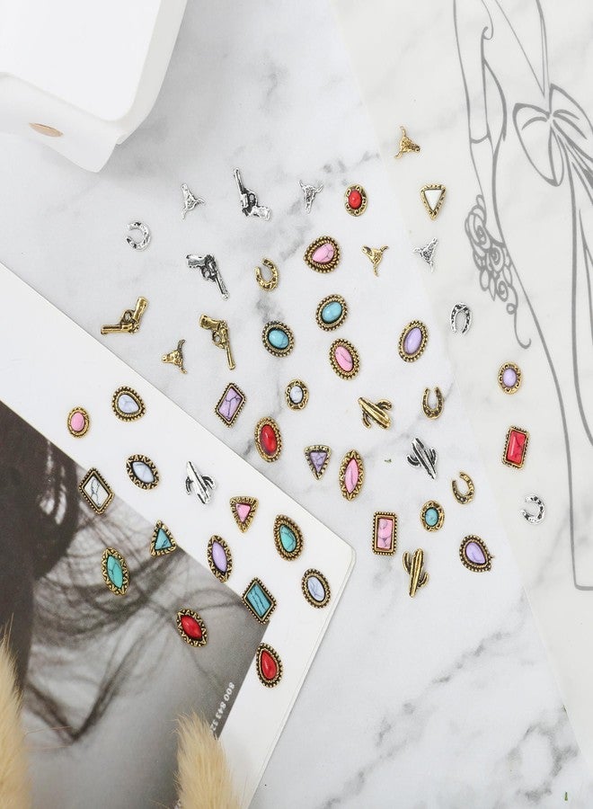 Ohmique 50 PCS Western Nail Charms Turquoise Gems - Mix Color 3D Vintage Turquoise Nail Charms, Retro Cowboy Gemstones Western Art Ornament for Women Daily DIY - Image 3
